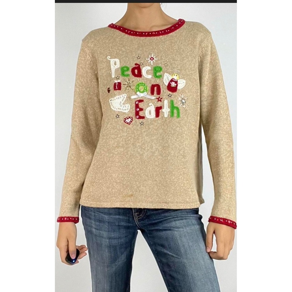 Tiara International Peace on‎ Earth Ugly Christmas Sweater Womens XL Tan Beaded
